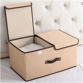 Kuber Industries Double Lid Foldable Storage Box|Toys Storage Bin|Wardrobe Organizer For Clothes|Front Handle & Stackable (Beige)